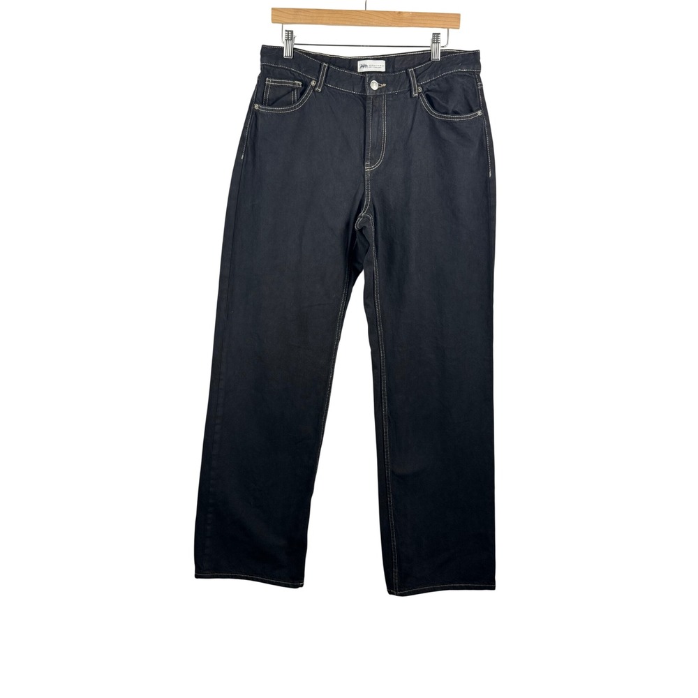 Zara Straight relaxed Leg Jeans sz 8 Dark Contrast Stitch High Rise 90s baggy